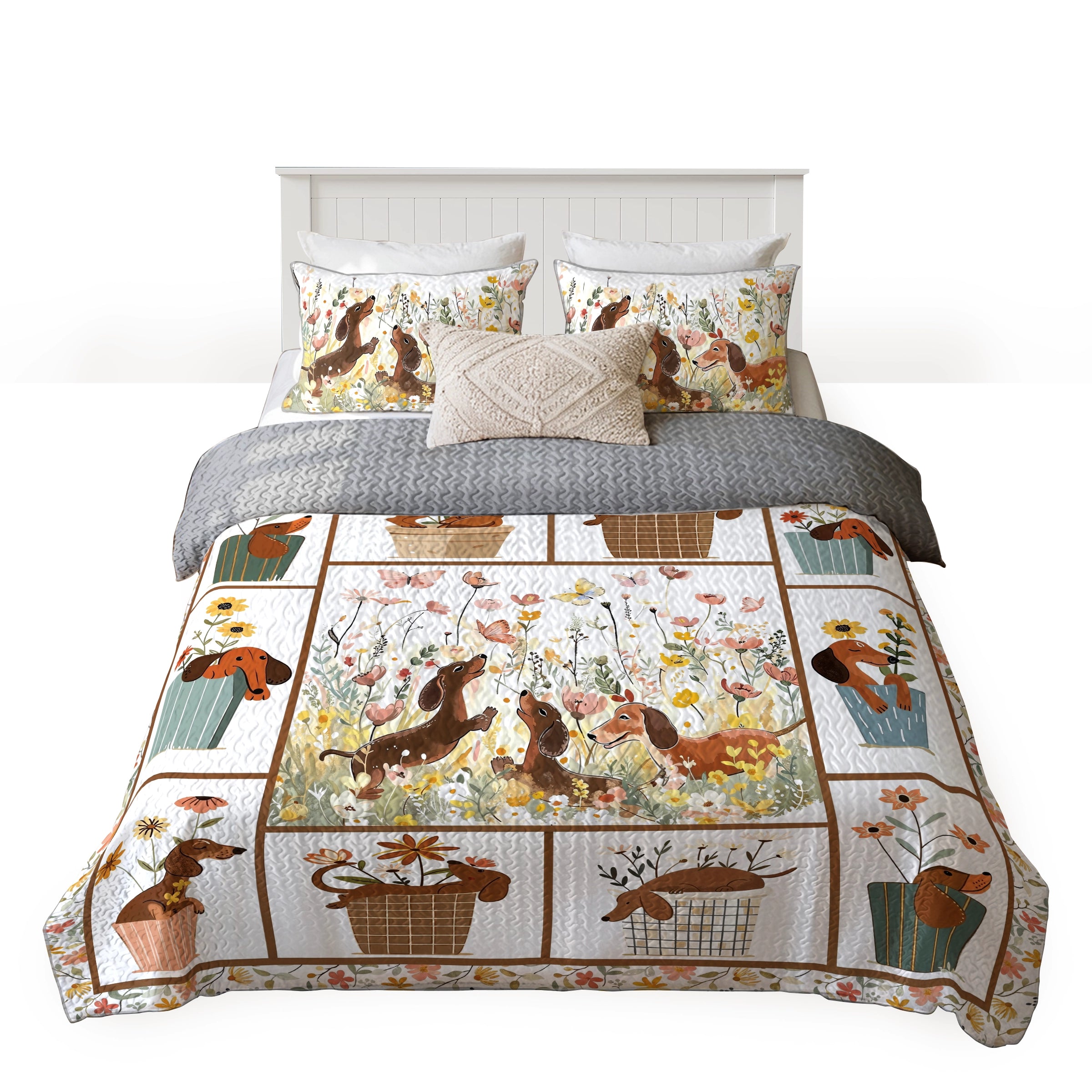 Dachshine Quilt 3-Piece Set Flower Pup Garden